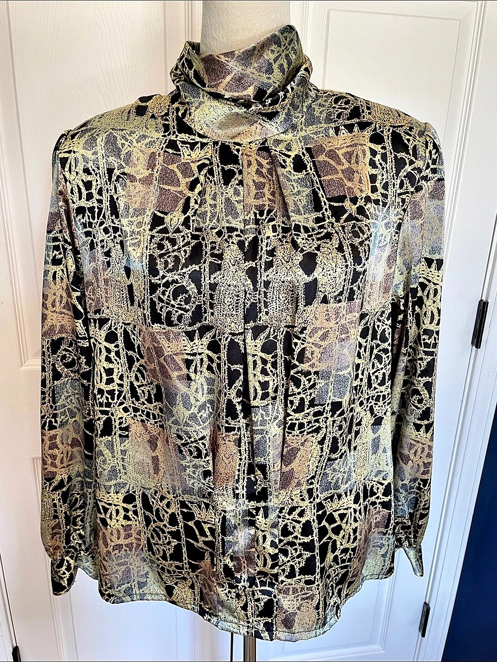Vintage Nicola Mock Neck Blouse Metallic Black Gold Abstract Geometric Print 14